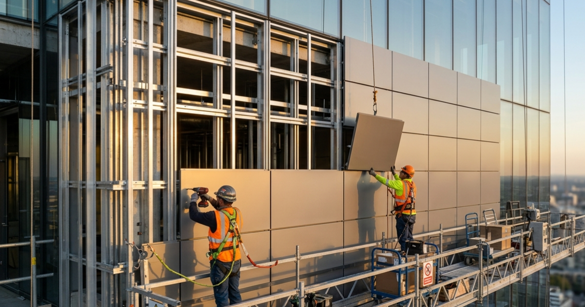 Workers installing ACM panels on a commercial building facade using structural subframe system